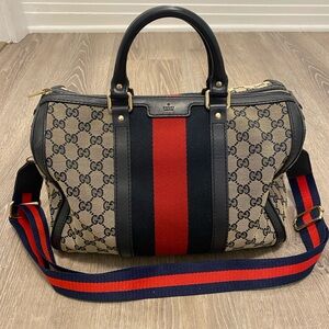AUTHENTIC GUCCI Monogram Canvas/leather Vintage Boston Bag Crossbody Red/Navy